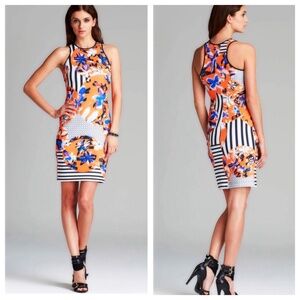 CLOVER CANYON Floral Discs S Orange/Black Neoprene Scuba Sheath Dress Bodycon